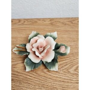 Capodimonte Porcelain Pink Peach Roses With Brown Stem & Leaves Made In‎ Italy